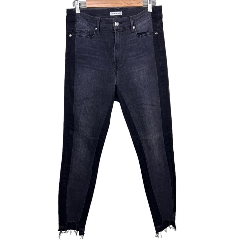 Good American Good Legs Skinny Two Tone High Waist Skinny Jeans Black Distressed